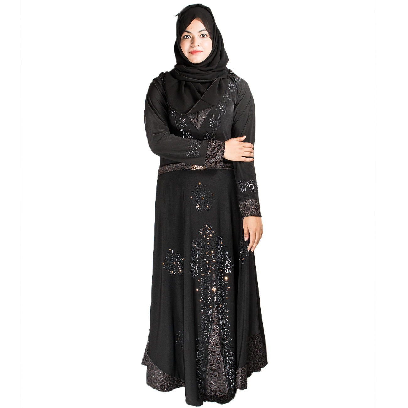 Beautiful Self Design Black Lycra Belt Abaya With Hijab_0450