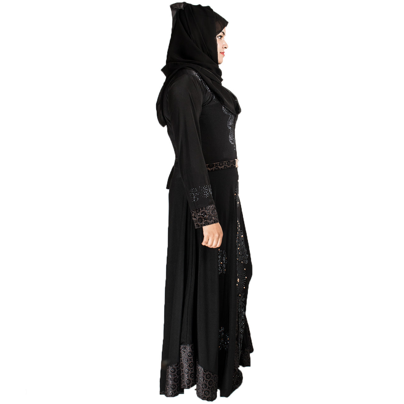 Beautiful Self Design Black Lycra Belt Abaya With Hijab_0450