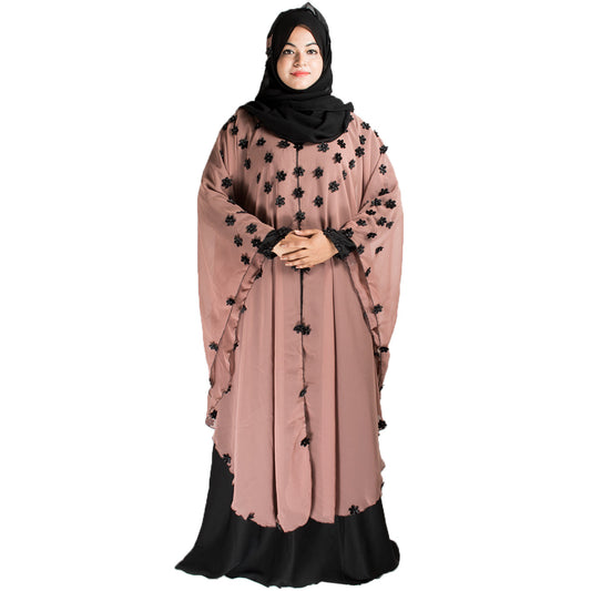 Beautiful Self Design Beige Farasha Art Silk Abaya With Hijab