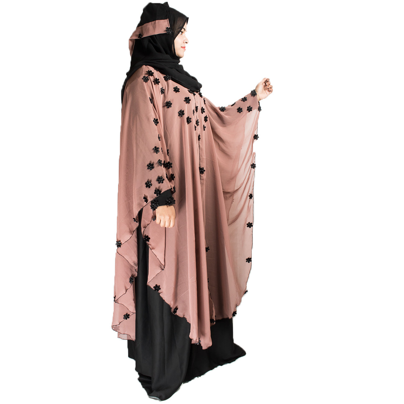 Beautiful Self Design Beige Farasha Art Silk Abaya With Hijab_0451