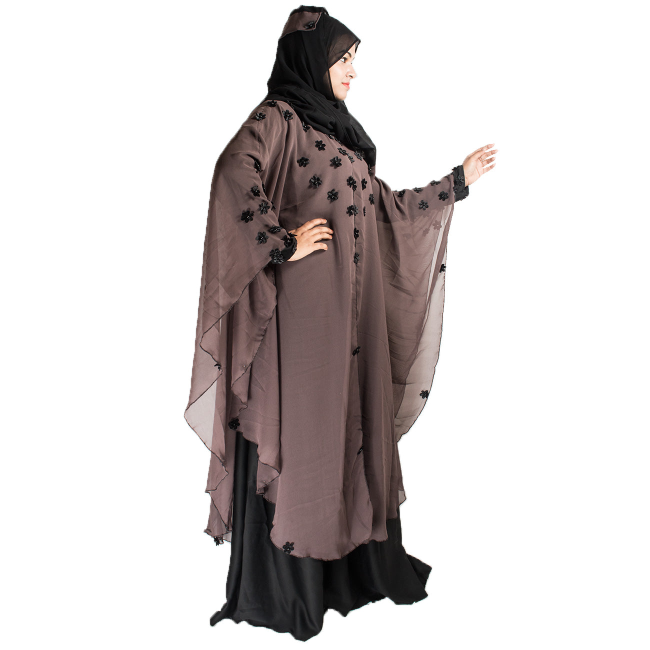 Beautiful Self Design Beige Farasha Art Silk Abaya With Hijab_0453