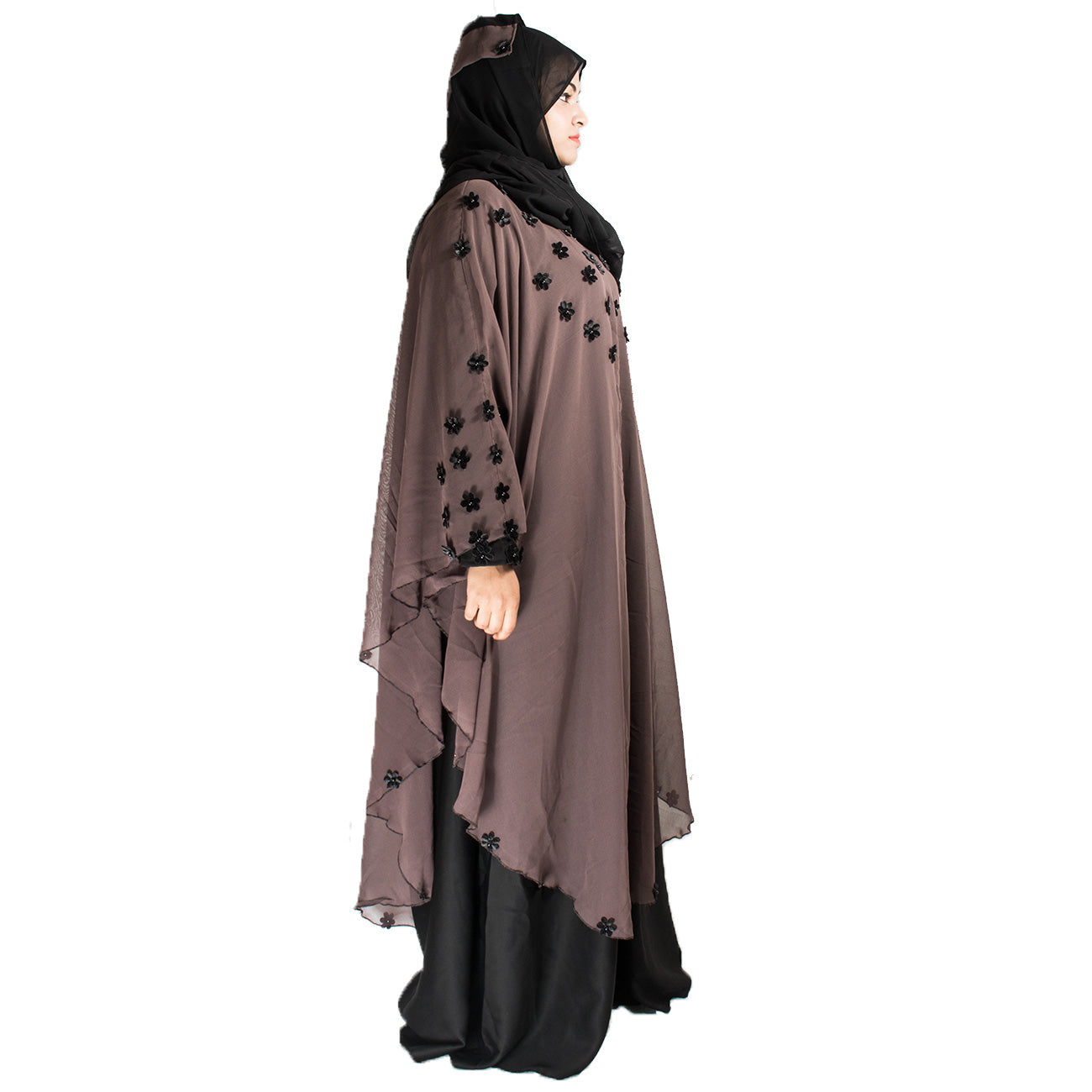Beautiful Self Design Beige Farasha Art Silk Abaya With Hijab_0453