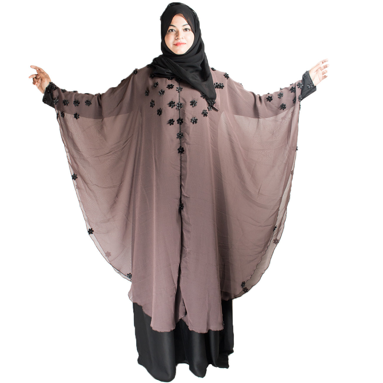 Beautiful Self Design Beige Farasha Art Silk Abaya With Hijab_0453