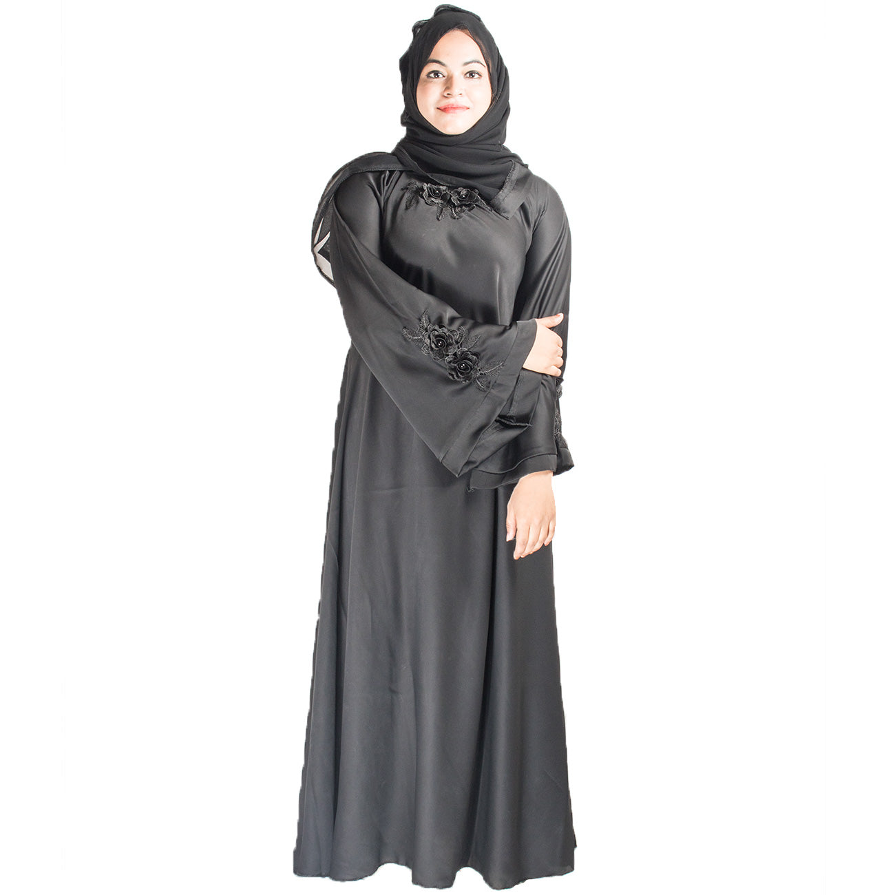 Beautiful Self Design Black Patch Art Silk Abaya With Hijab_0456