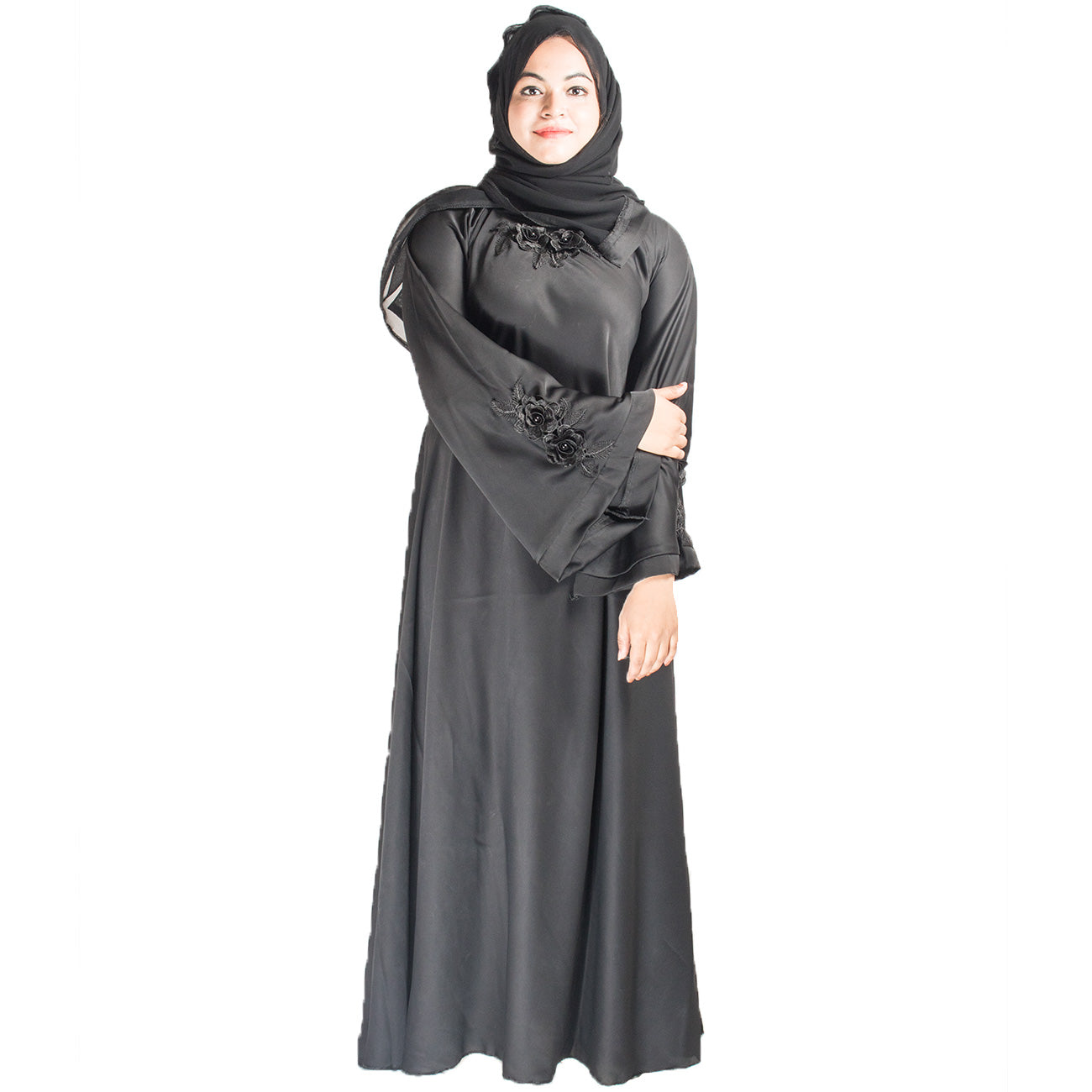 Products Beautiful Self Design Black Patch Art Silk Abaya With Hijab