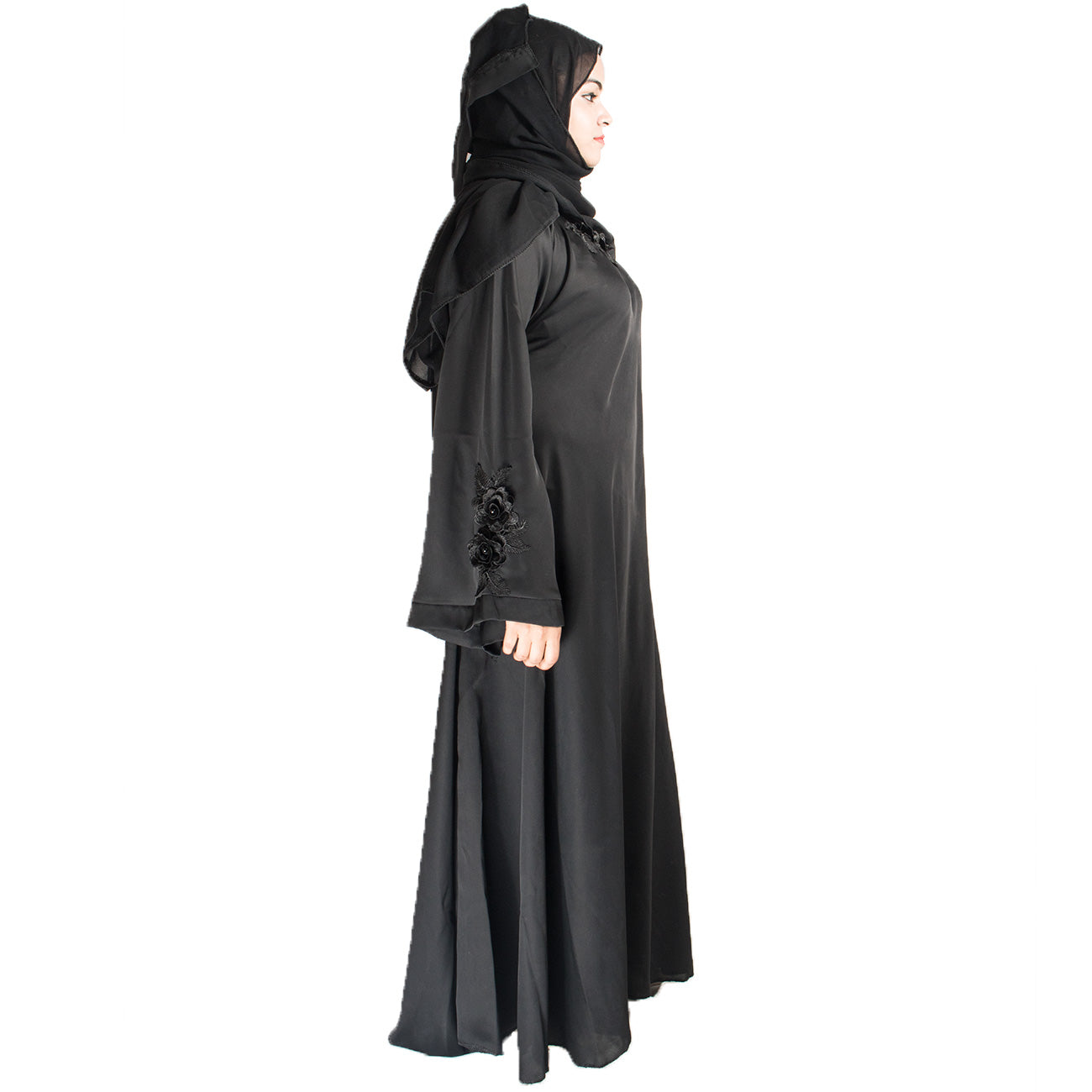 Beautiful Self Design Black Patch Art Silk Abaya With Hijab_0456