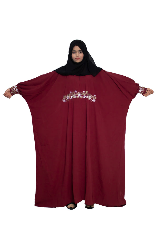 Modest City Self Design Maroon Beighi Embroidery Crepe Abaya or Burqa With Hijab for Women & Girls-Series Laiba