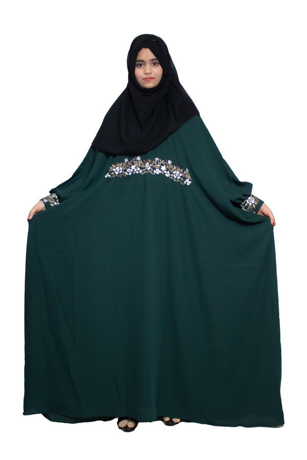 Modest City Self Design Bottle Green Beighi Embroidery Crepe Abaya or Burqa With Hijab for Women & Girls-Series Laiba