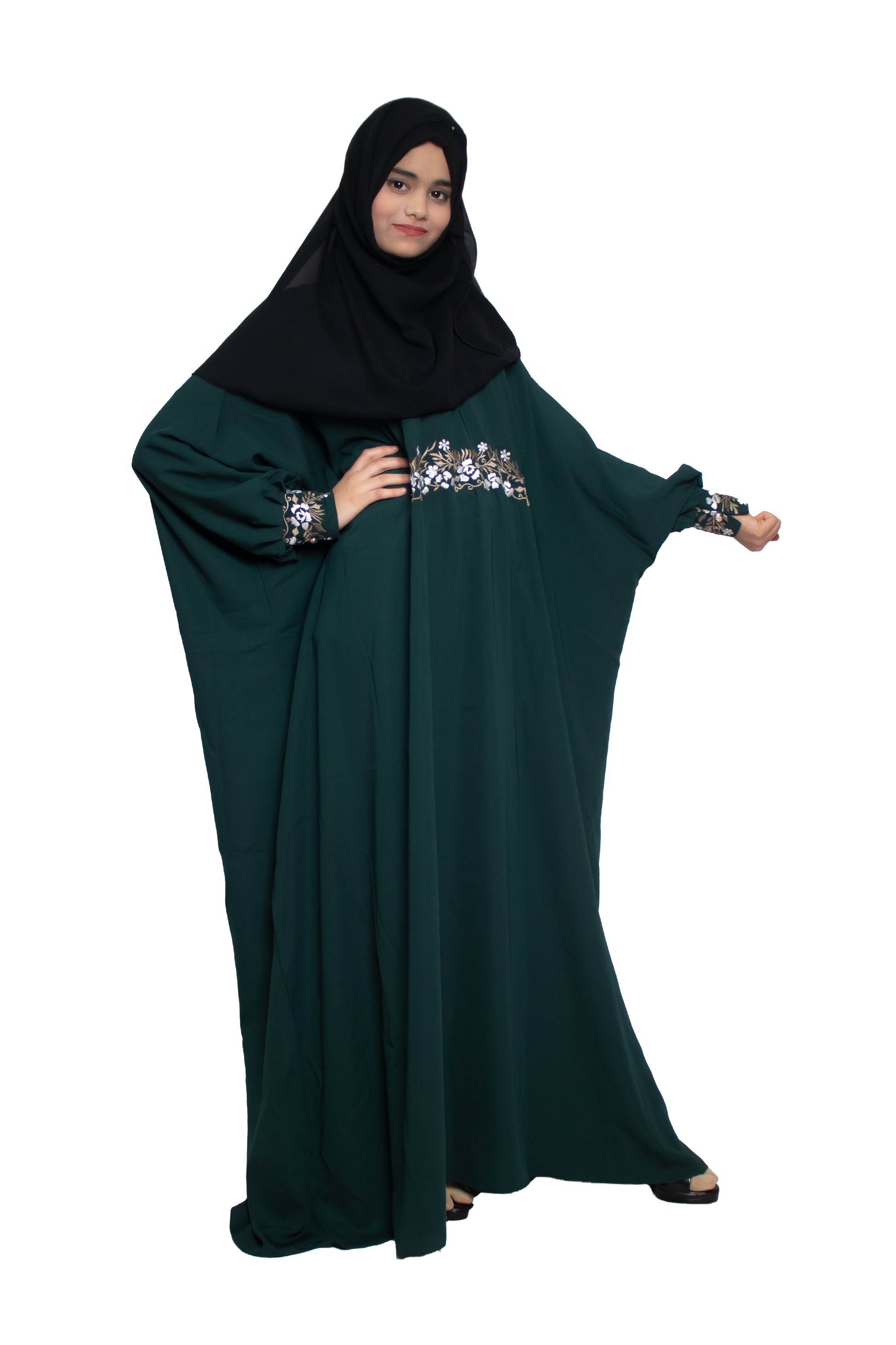 Modest City Self Design Bottle Green Beighi Embroidery Crepe Abaya or Burqa With Hijab for Women & Girls-Series Laiba