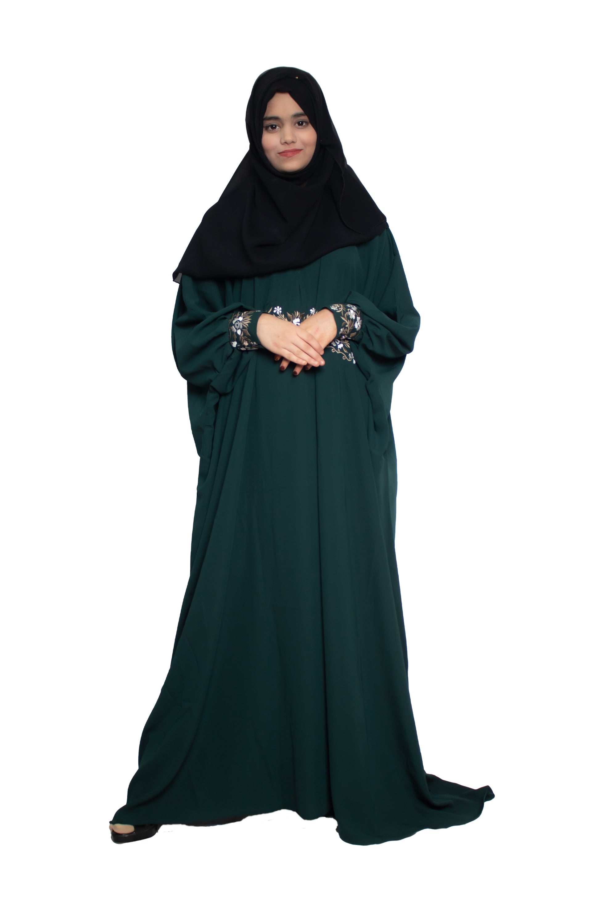 Modest City Self Design Bottle Green Beighi Embroidery Crepe Abaya or Burqa With Hijab for Women & Girls-Series Laiba