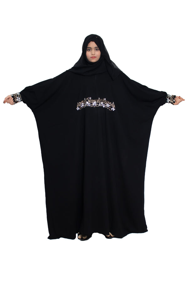 Modest City Self Design Black Beighi Embroidery Crepe Abaya or Burqa With Hijab for Women & Girls-Series Laiba