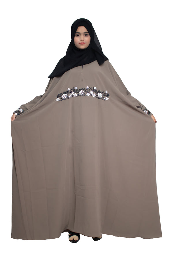 Modest City Self Design Grey Beighi Embroidery Crepe Abaya or Burqa With Hijab for Women & Girls-Series Laiba