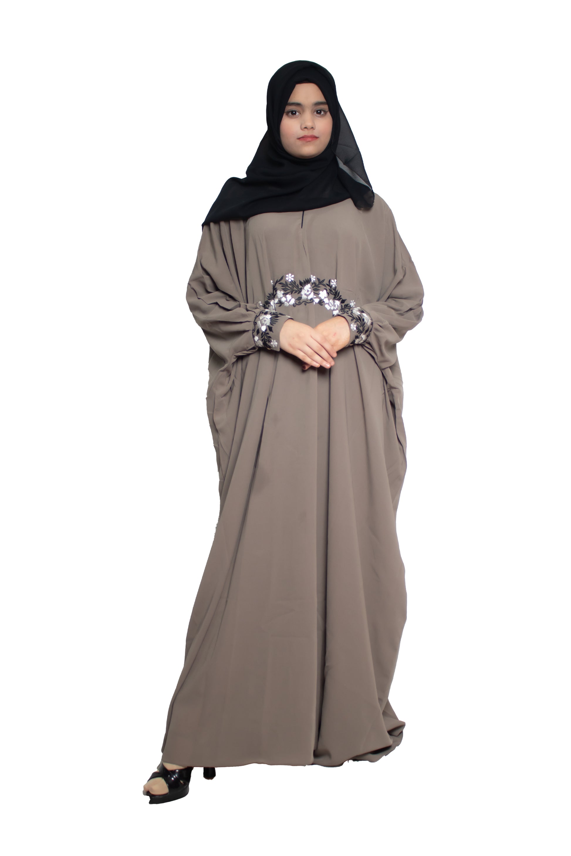 Modest City Self Design Grey Beighi Embroidery Crepe Abaya or Burqa With Hijab for Women & Girls-Series Laiba