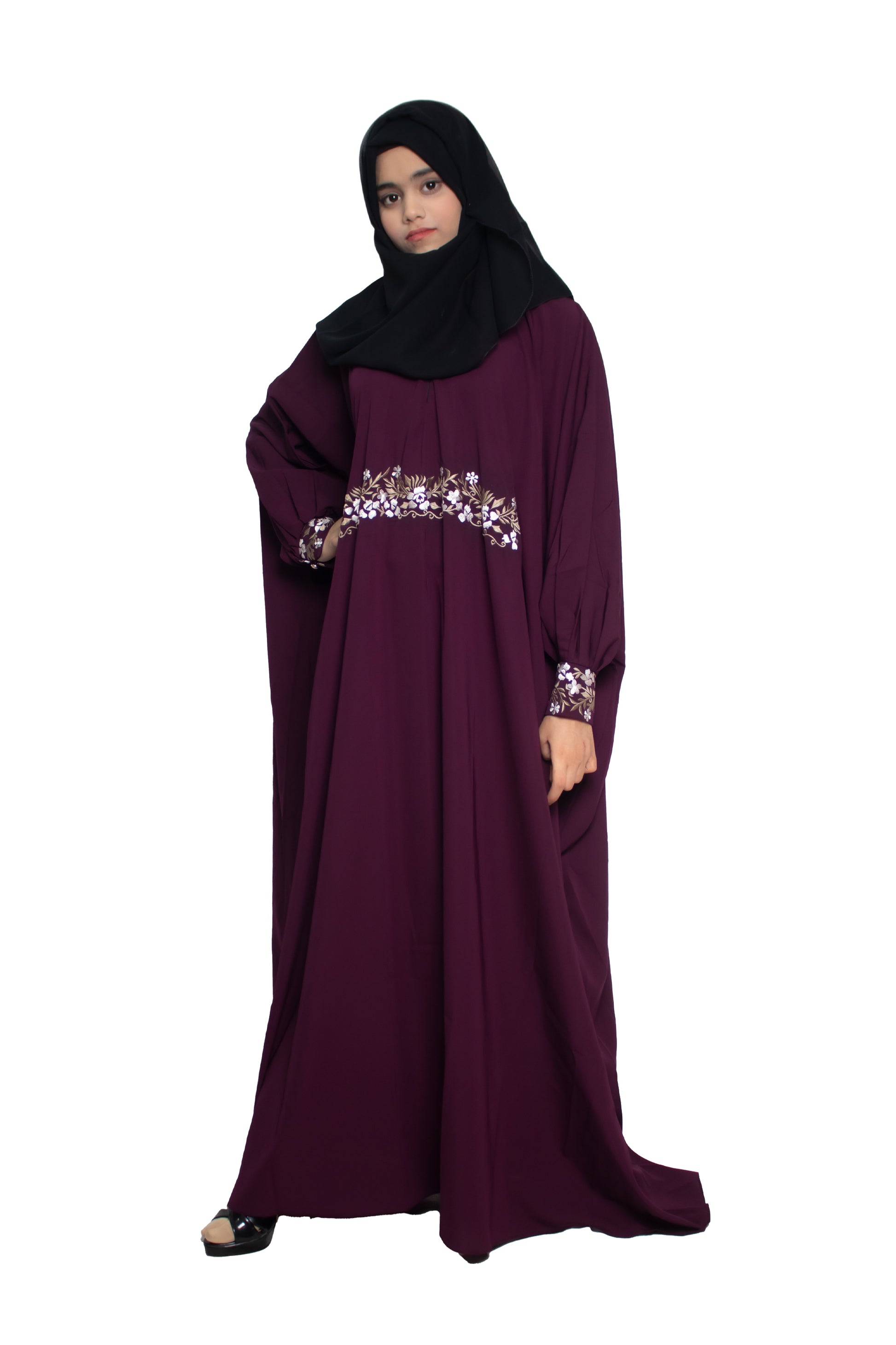 Modest City Self Design Purple Beighi Embroidery Crepe Abaya or Burqa With Hijab for Women & Girls-Series Laiba
