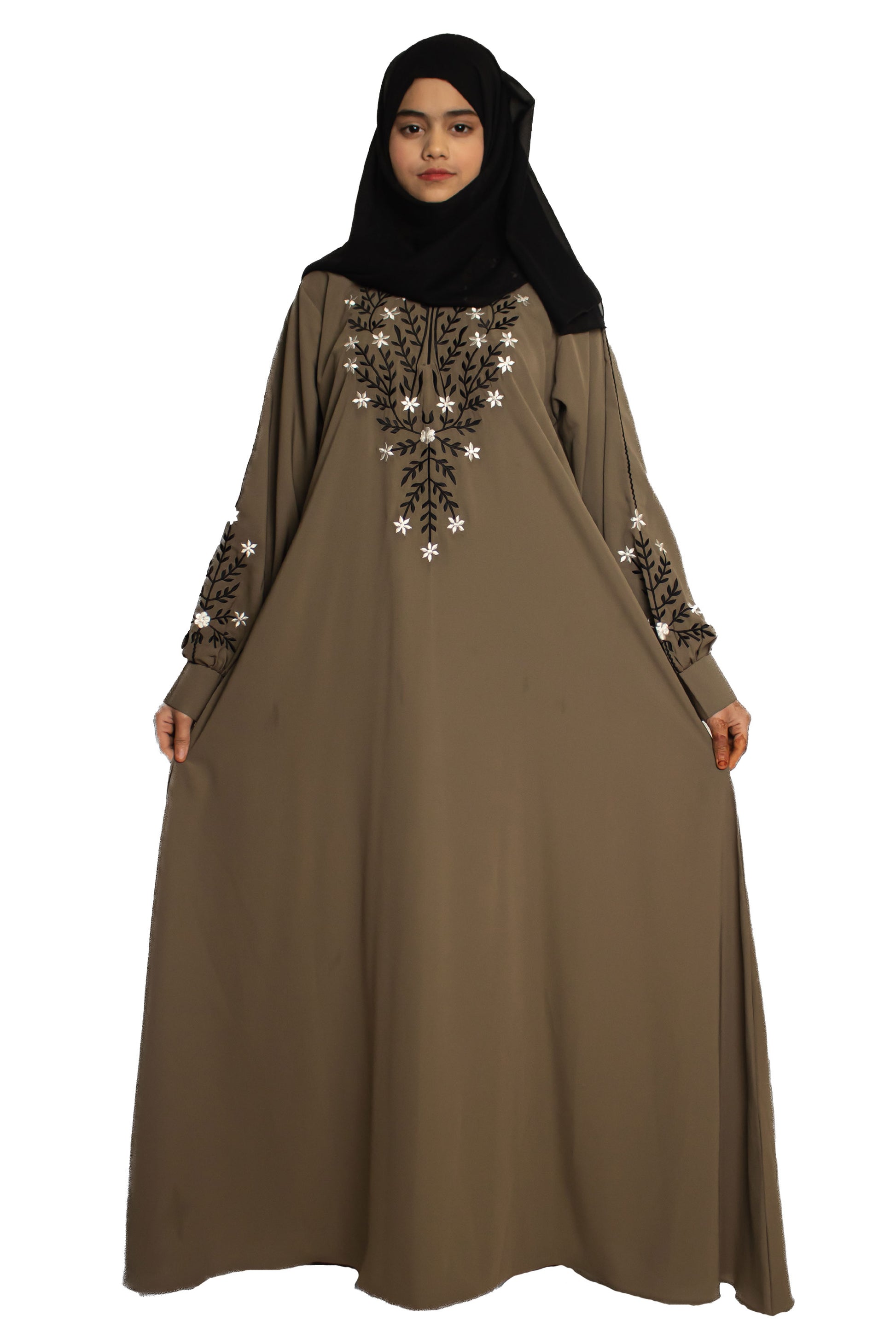 Modest City Beautiful Self Design Gala Embroidery Crepe Fabric Beige Abaya or Burqa With Hijab for Women & Girls Series Laiba