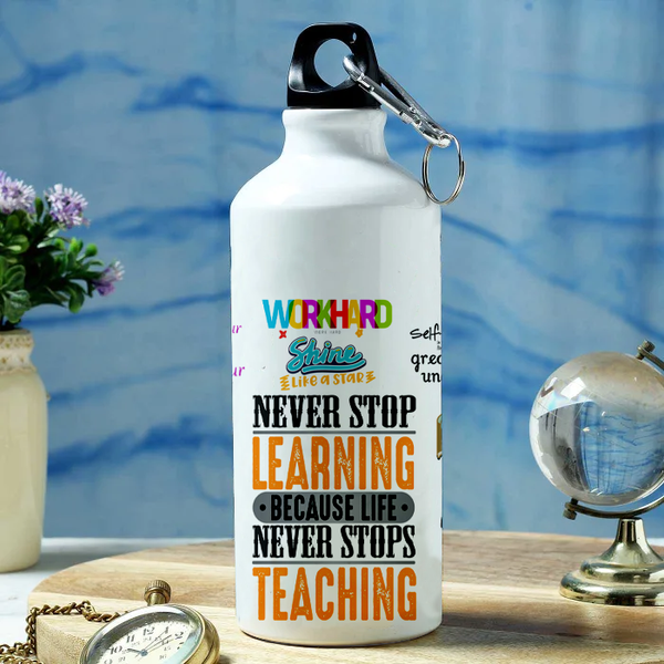 Modest City Beautiful Motivational Quote Design Printed Sports Water Bottles 600ml Sipper (Never Stop Learning Because Life Never Stops Teaching)