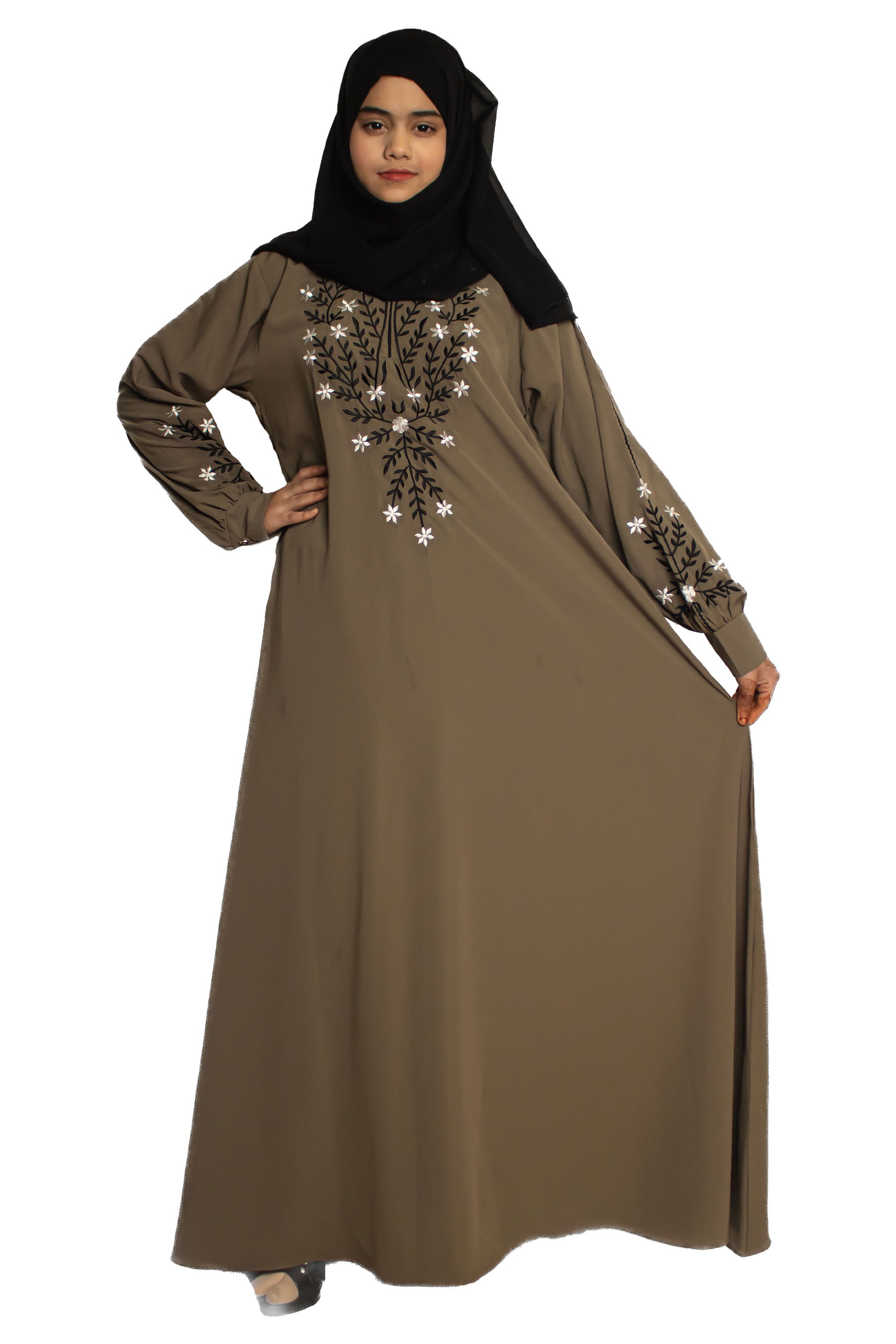 Modest City Beautiful Self Design Gala Embroidery Crepe Fabric Beige Abaya or Burqa With Hijab for Women & Girls Series Laiba