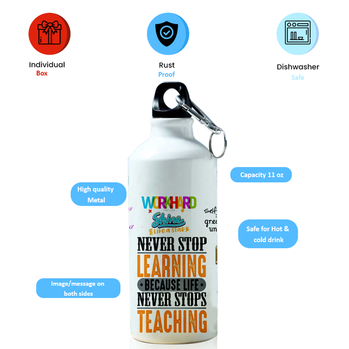Modest City Beautiful Motivational Quote Design Printed Sports Water Bottles 600ml Sipper (Never Stop Learning Because Life Never Stops Teaching)