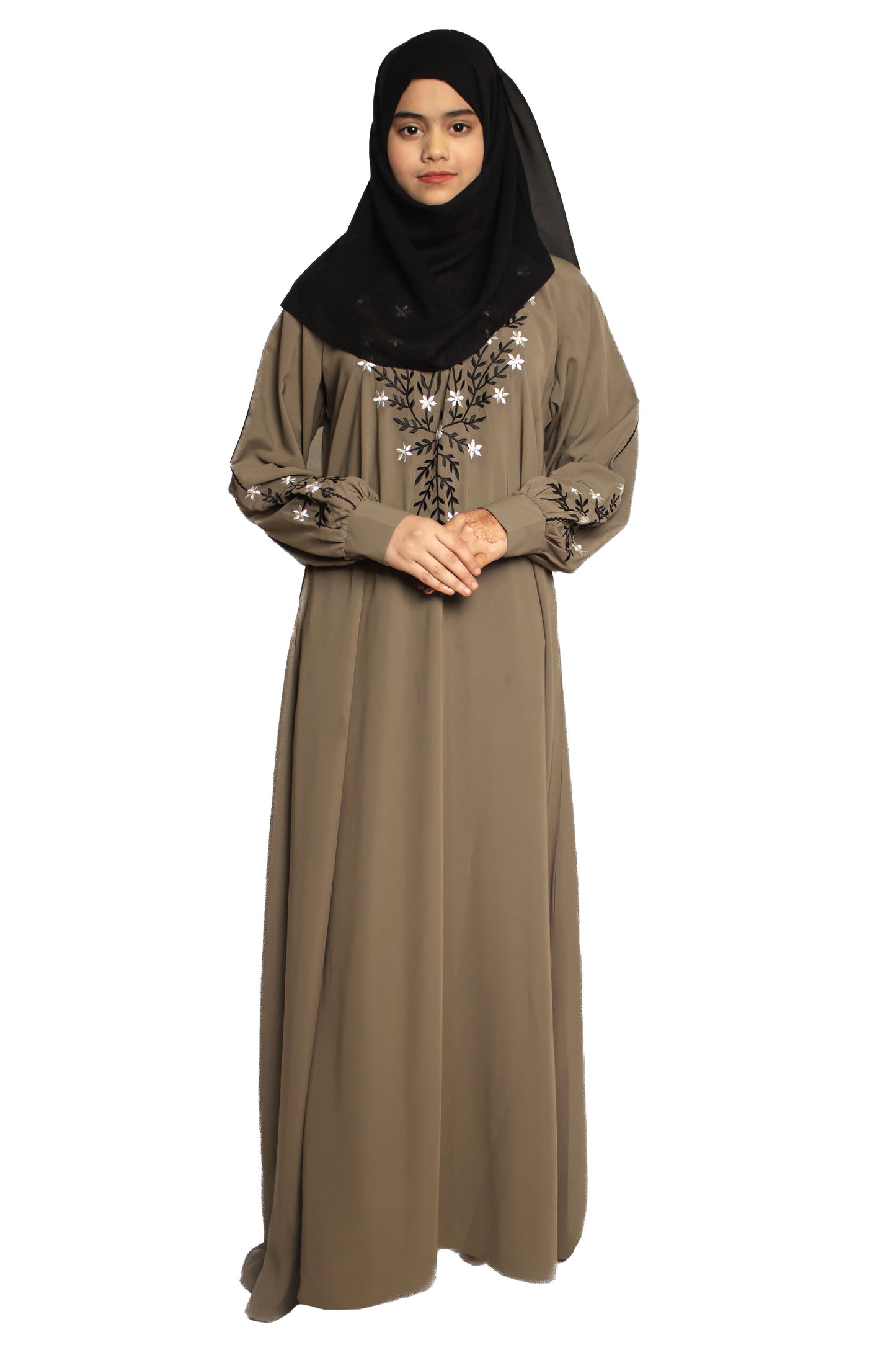 Modest City Beautiful Self Design Gala Embroidery Crepe Fabric Beige Abaya or Burqa With Hijab for Women & Girls Series Laiba