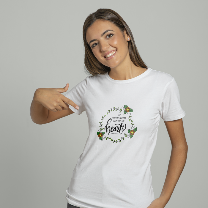 Islamic T-shirt 'He Knows what is in every heart' Printed  Self Design Round Neck Half Sleeves White T-shirt for Women (015)