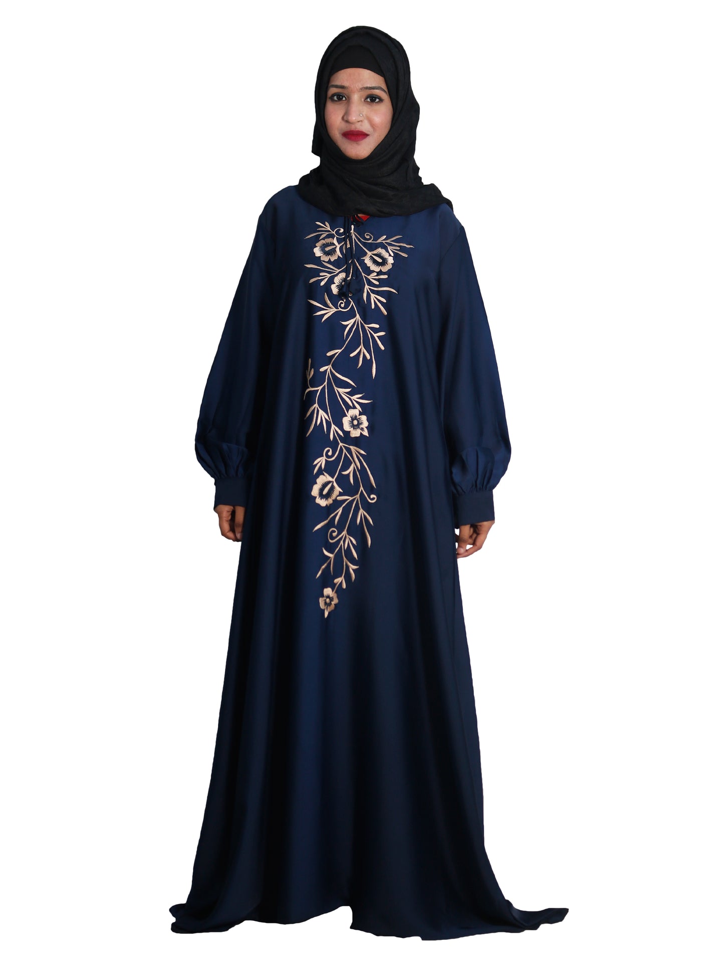 Beautiful Self Design Blue Embroidered Art Silk Abaya With Hijab_0605