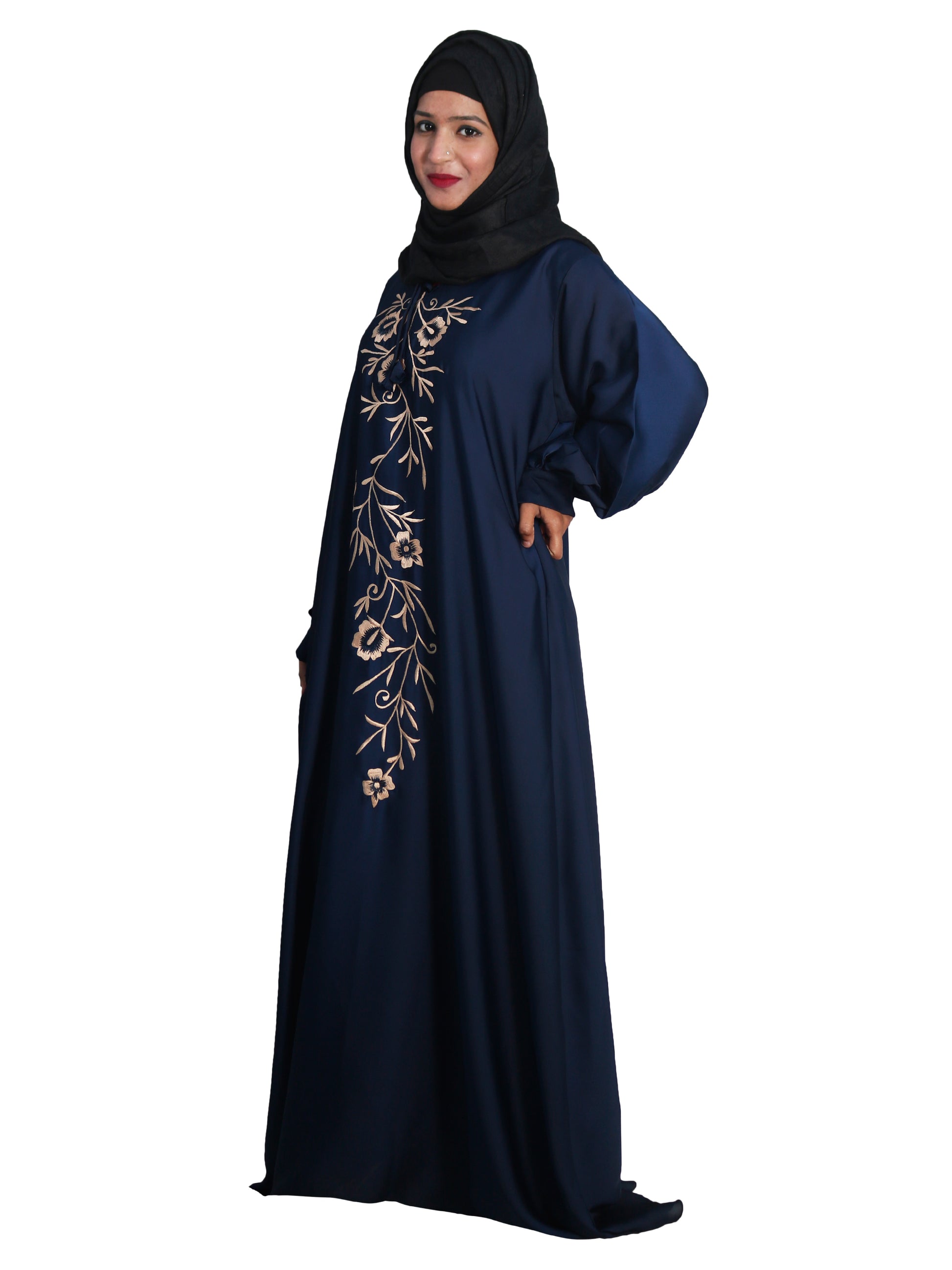 Beautiful Self Design Blue Embroidered Art Silk Abaya With Hijab_0605