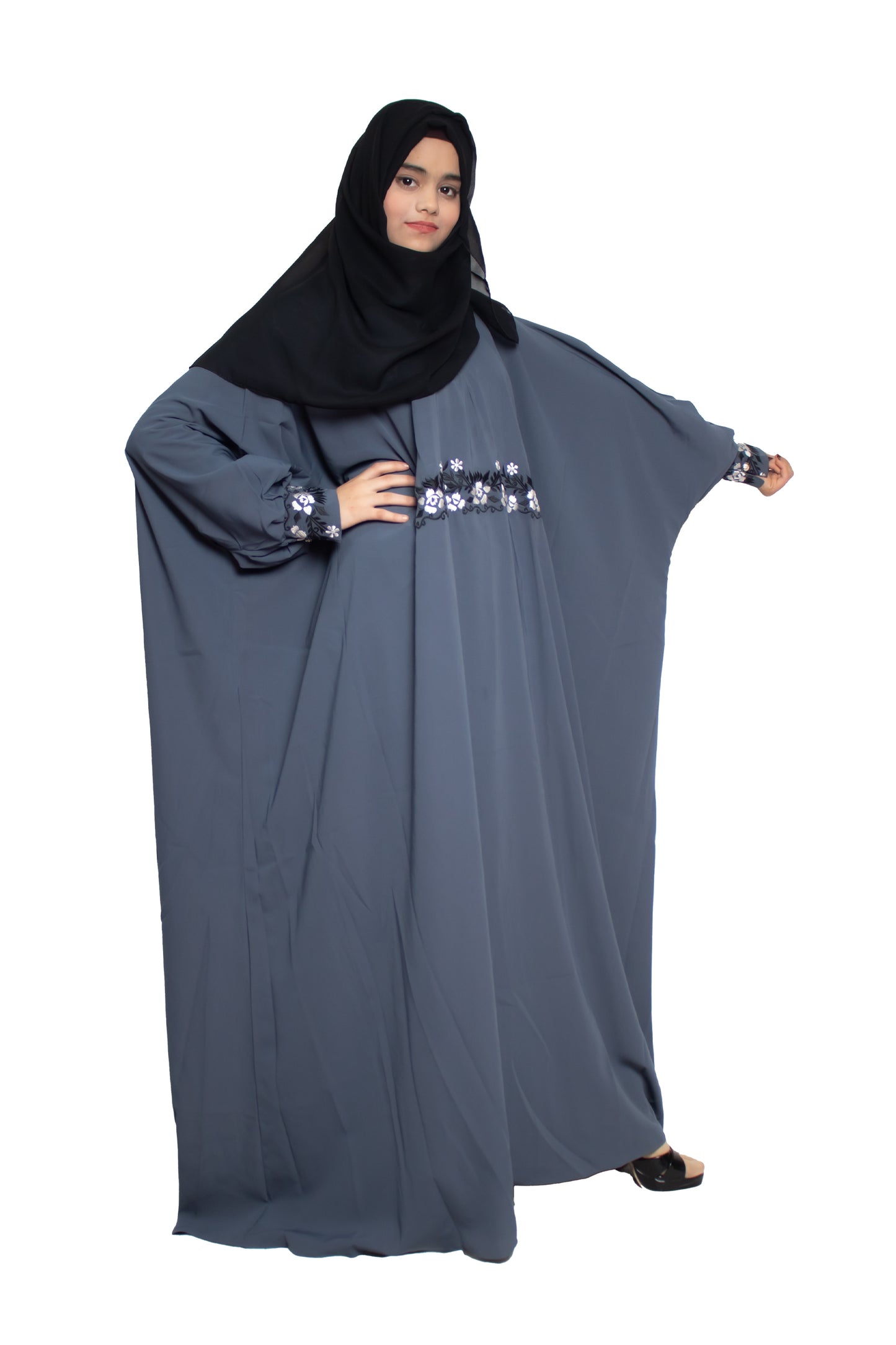 Modest City Self Design Blue Beighi Embroidery Crepe Abaya or Burqa With Hijab for Women & Girls-Series Laiba