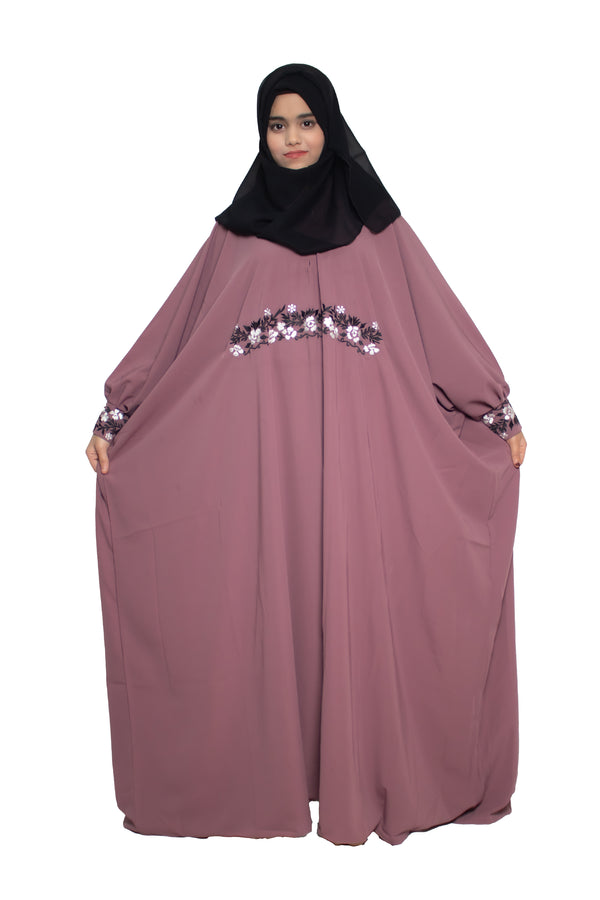 Modest City Self Design Pink Beighi Embroidery Crepe Abaya or Burqa With Hijab for Women & Girls-Series Laiba