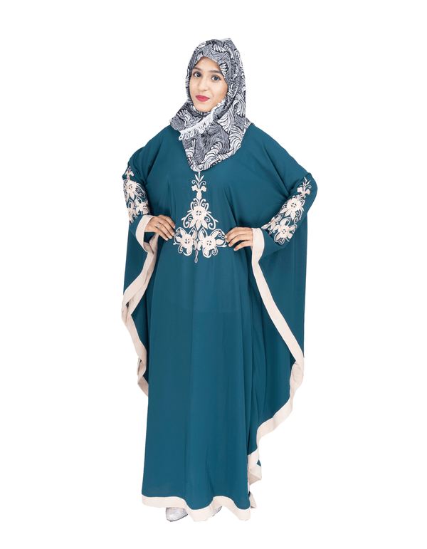 Beautiful Self Design Rama Green Embroidered Kaftan Crepe Abaya Without Hijab_0521