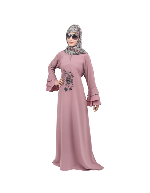 Beautiful Self Design Pink Embroidered Frill Crepe Abaya Without Hijab_0523