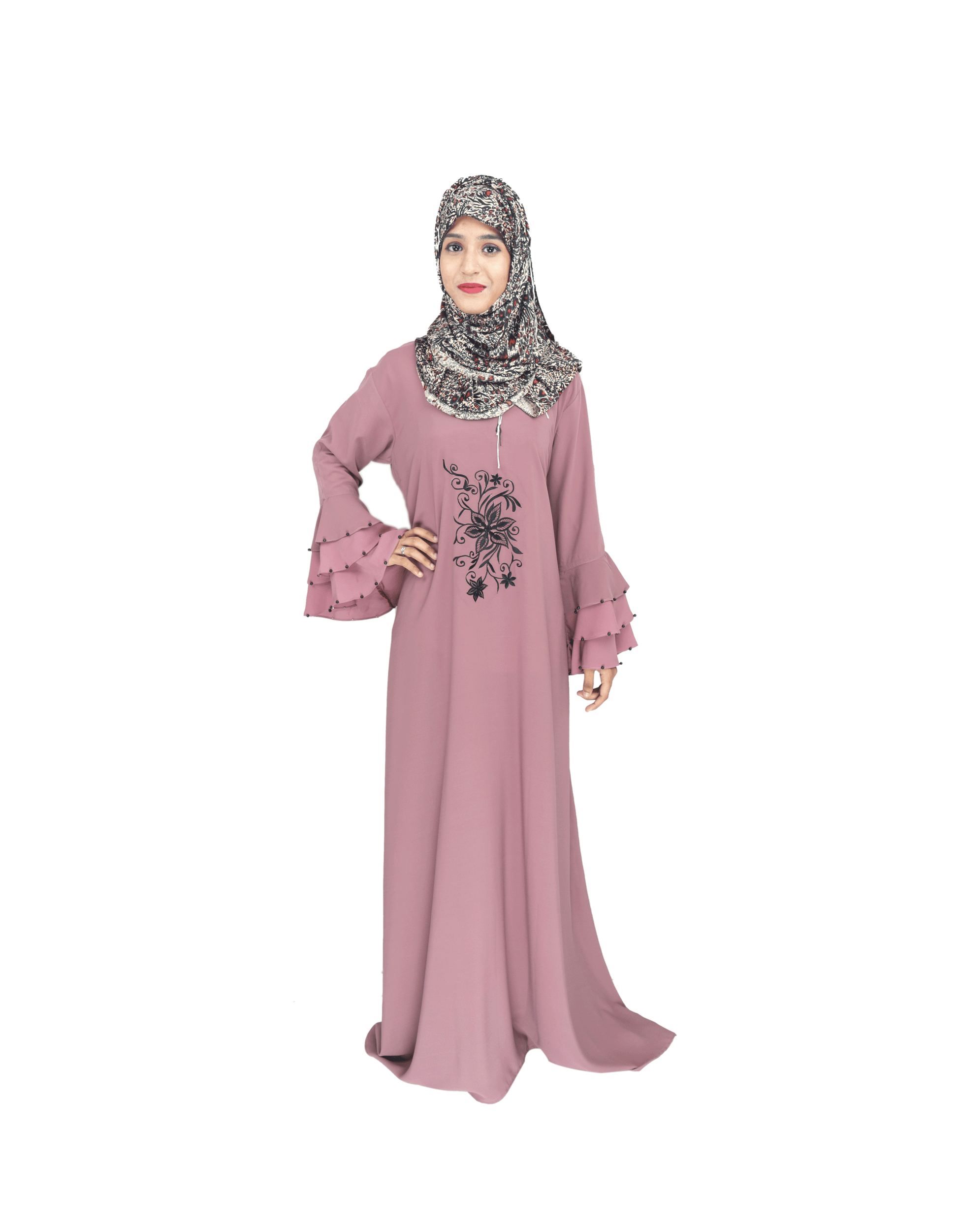 Beautiful Self Design Pink Embroidered Frill Crepe Abaya Without Hijab_0523