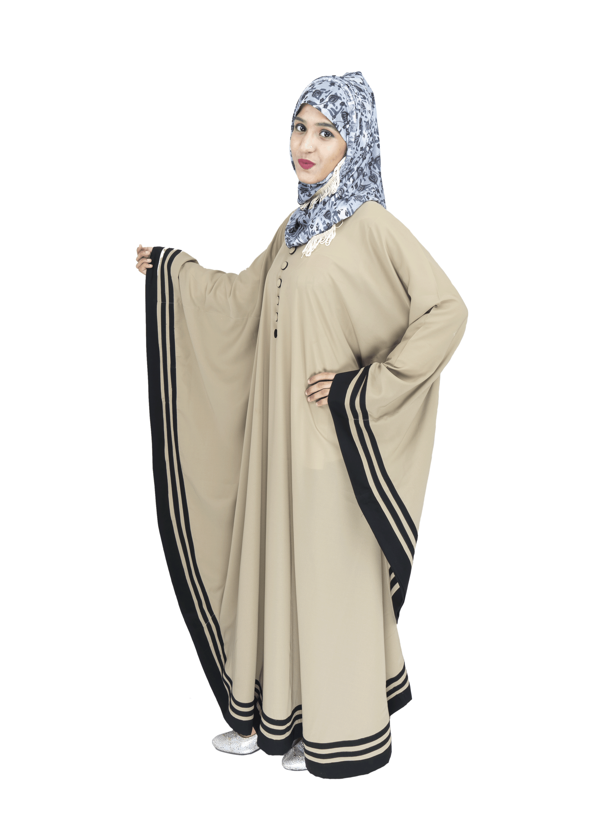 Beautiful Self Design Beige 3 Patti Kaftan Crepe Abaya Without Hijab_0525