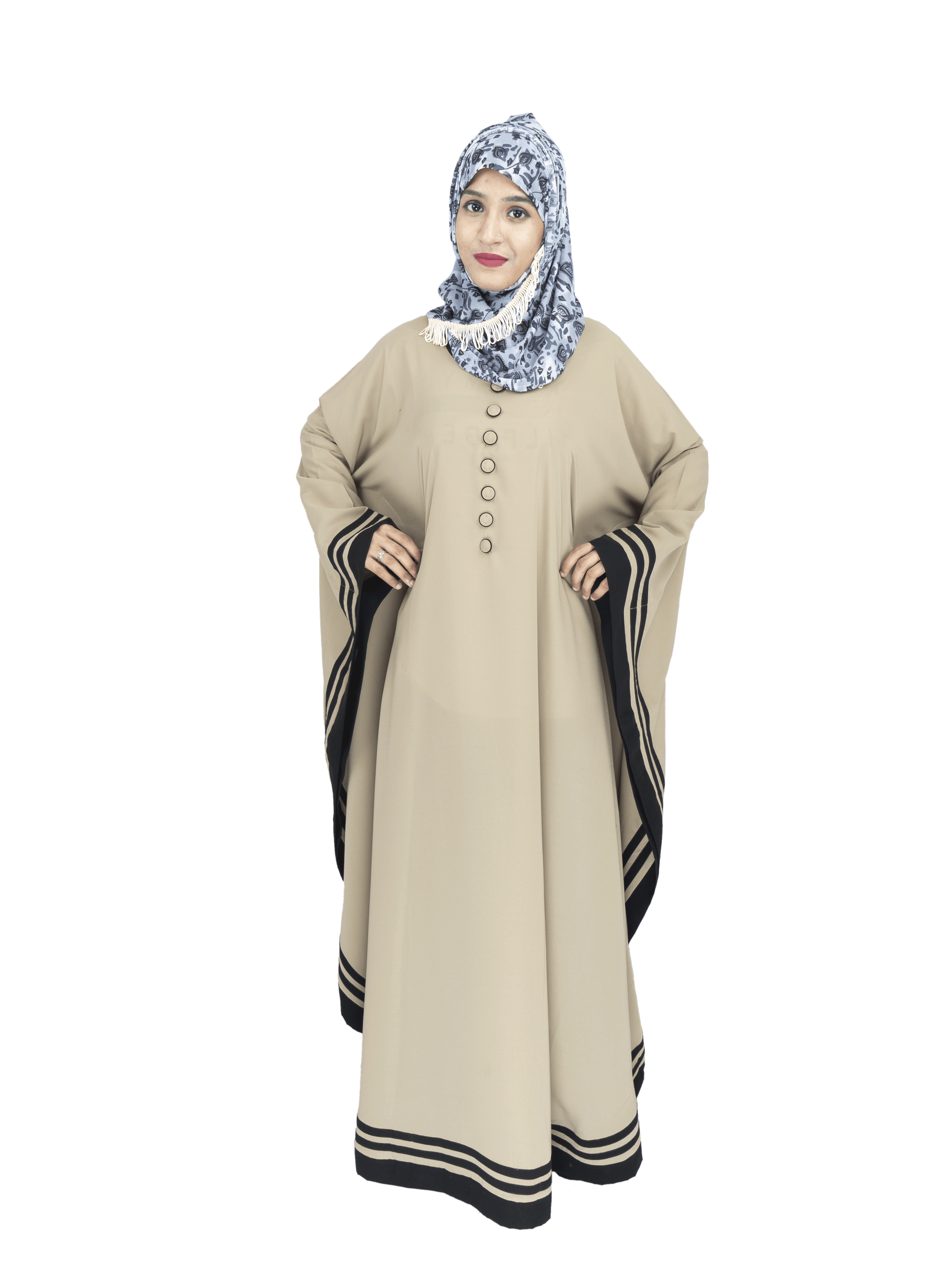 Beautiful Self Design Beige 3 Patti Kaftan Crepe Abaya Without Hijab_0525