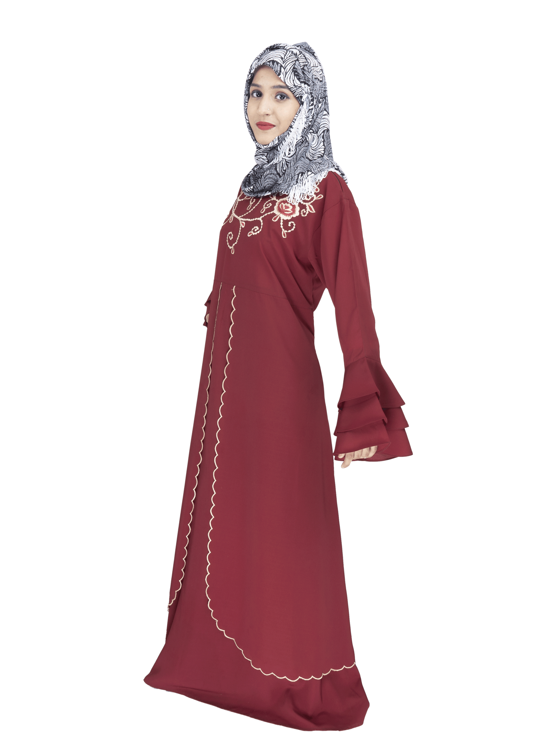 Beautiful Self Design Maroon Embroidery Crepe Abaya Without Hijab_0527
