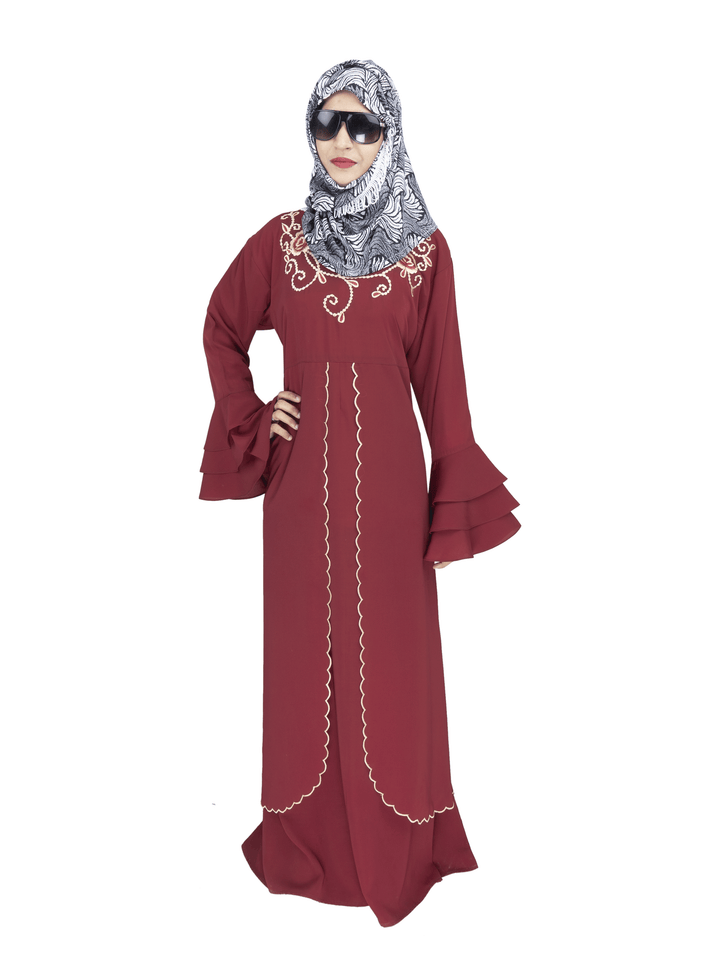 Beautiful Self Design Maroon Embroidery Crepe Abaya Without Hijab