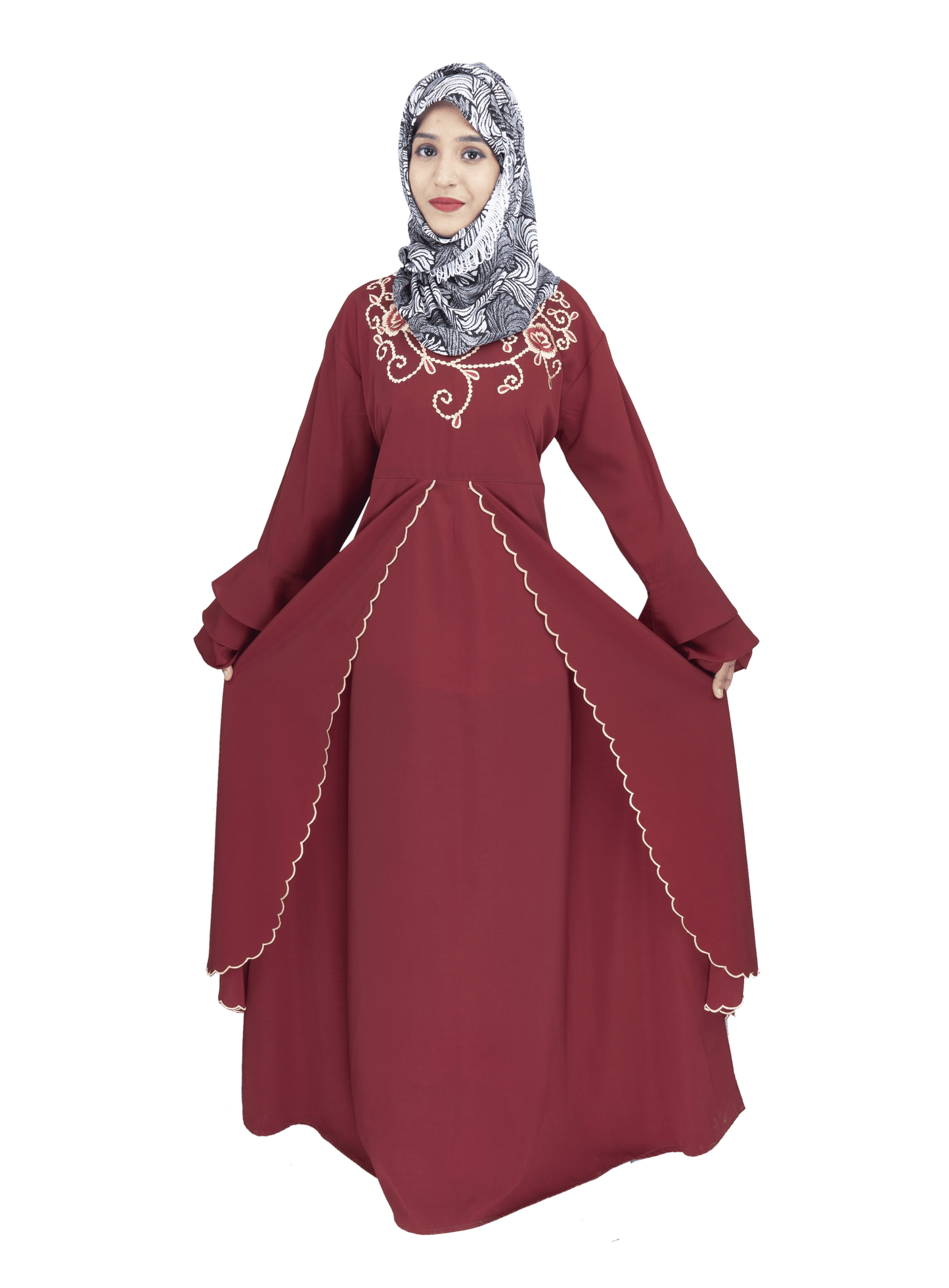 Beautiful Self Design Maroon Embroidery Crepe Abaya Without Hijab