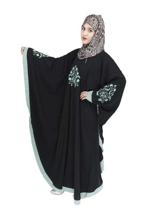 Beautiful Self Design Black Embroidery Kaftan Crepe Abaya With Hijab