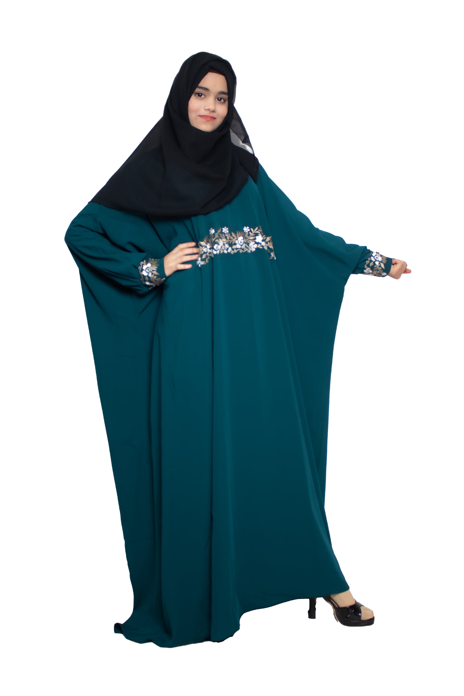 Modest City Self Design Rama Green Beighi Embroidery Crepe Abaya or Burqa With Hijab for Women & Girls-Series Laiba