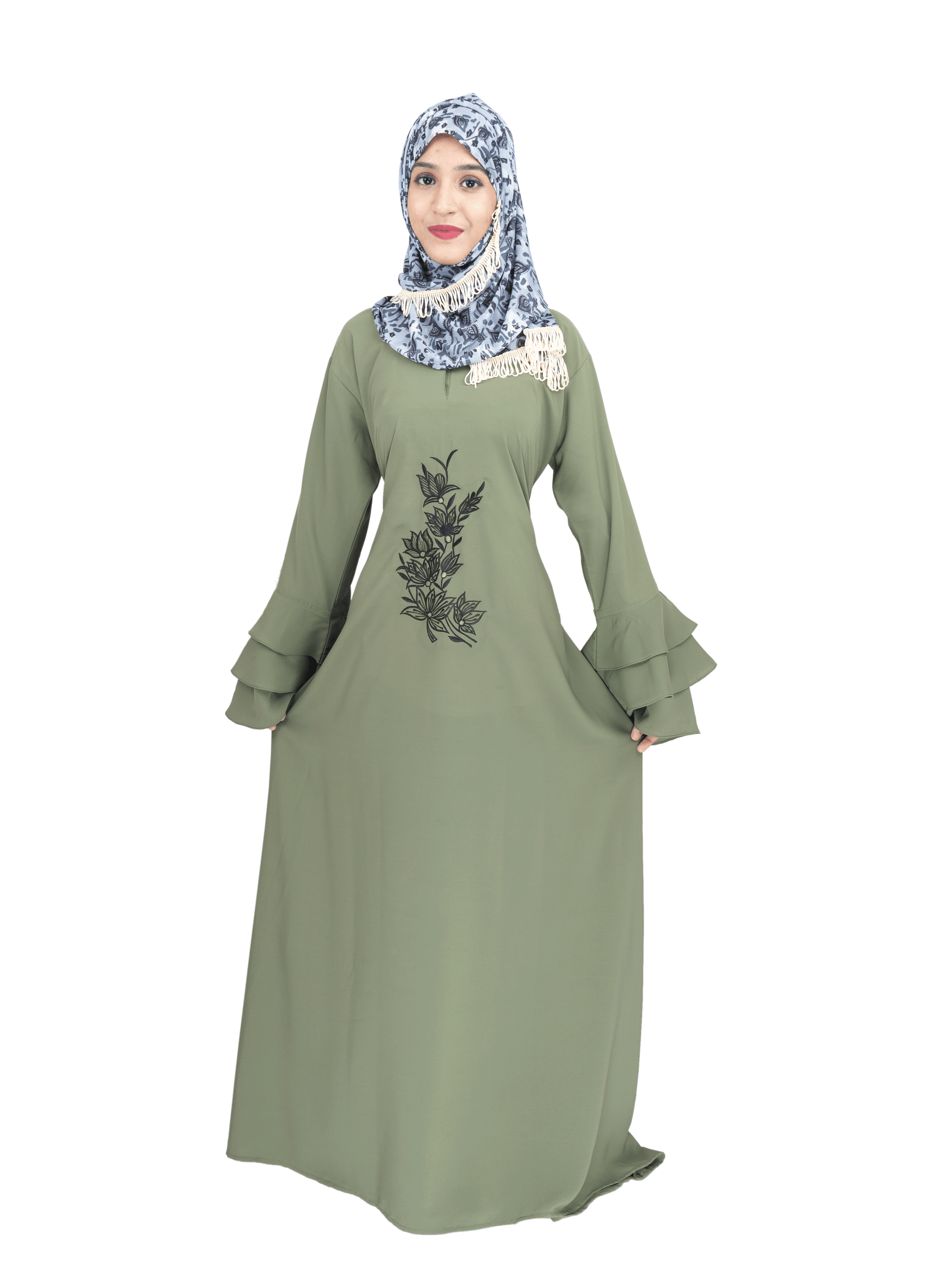 Beautiful Self Design Green Embroidery Frill Crepe Abaya Without Hijab_0530