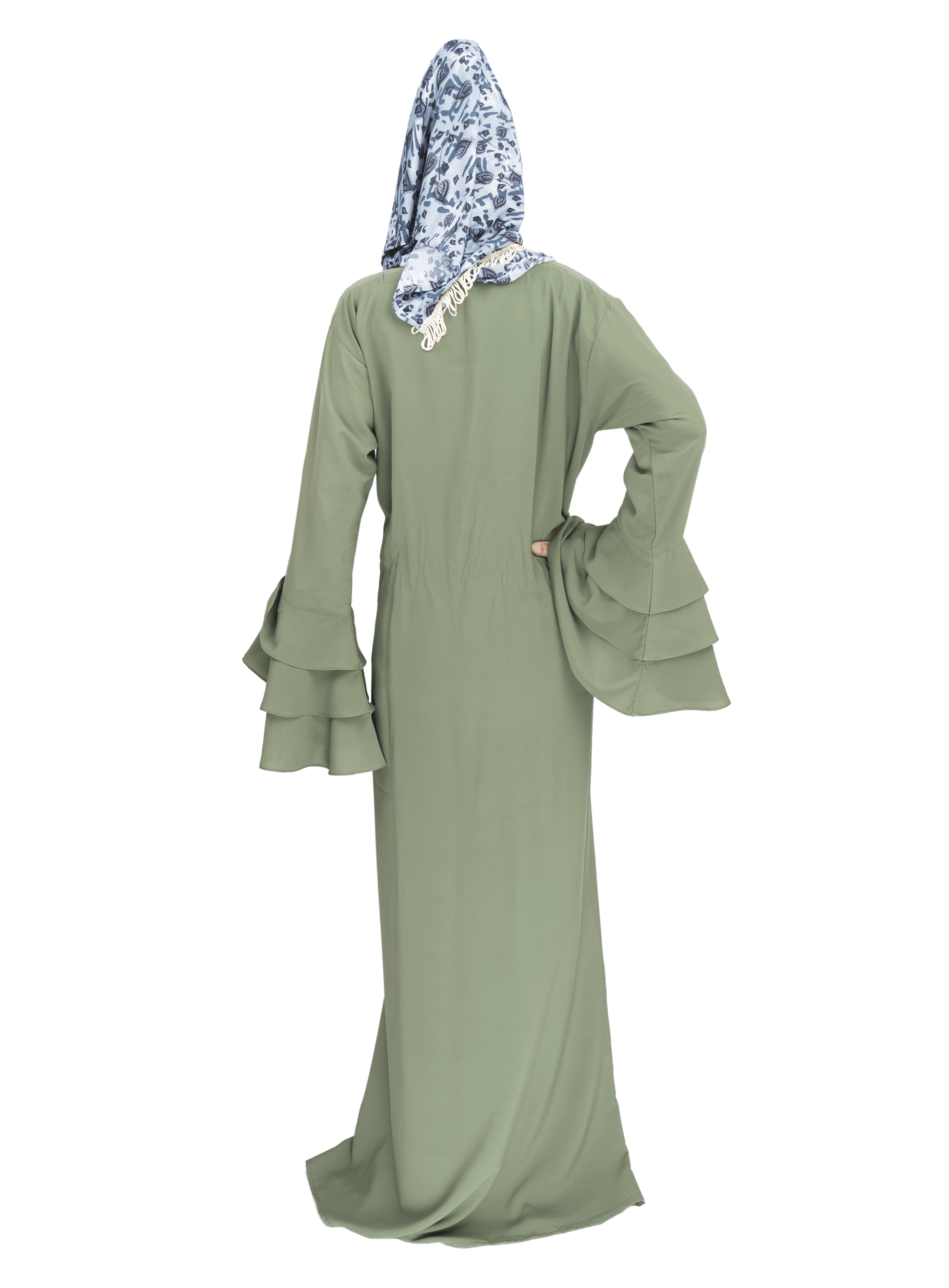 Beautiful Self Design Green Embroidery Frill Crepe Abaya Without Hijab_0530