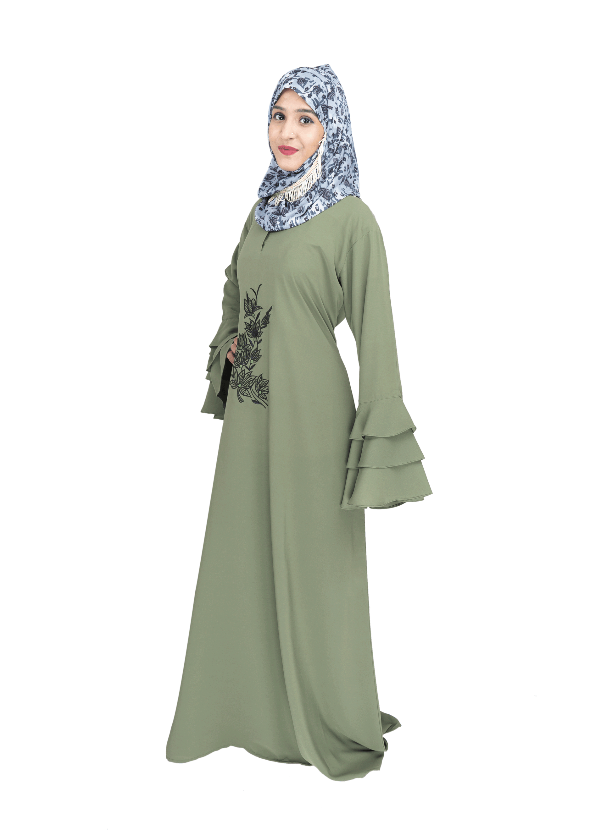 Beautiful Self Design Green Embroidery Frill Crepe Abaya Without Hijab_0530