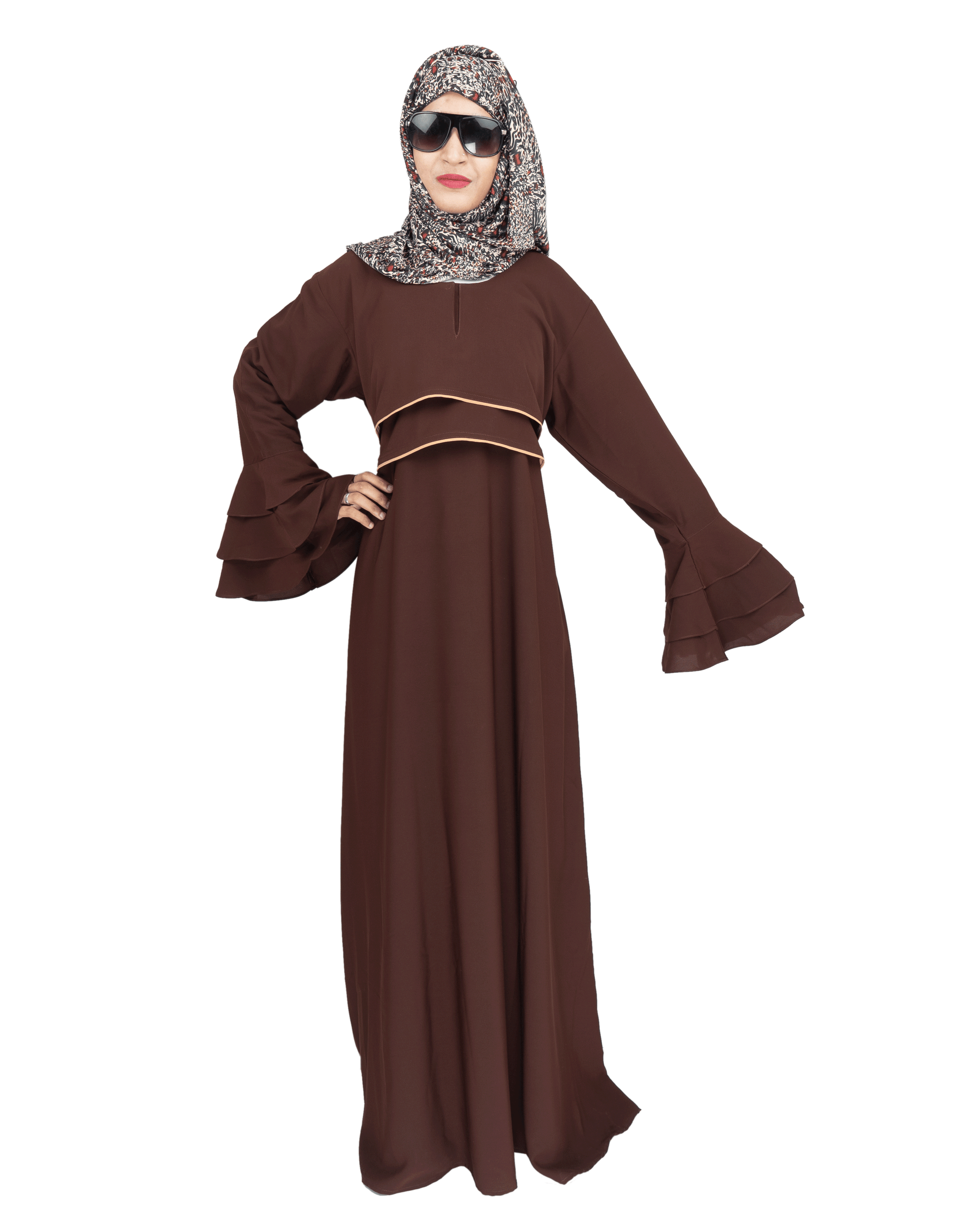 Beautiful Self Design Brown Frill Crepe Abaya Without Hijab_0533