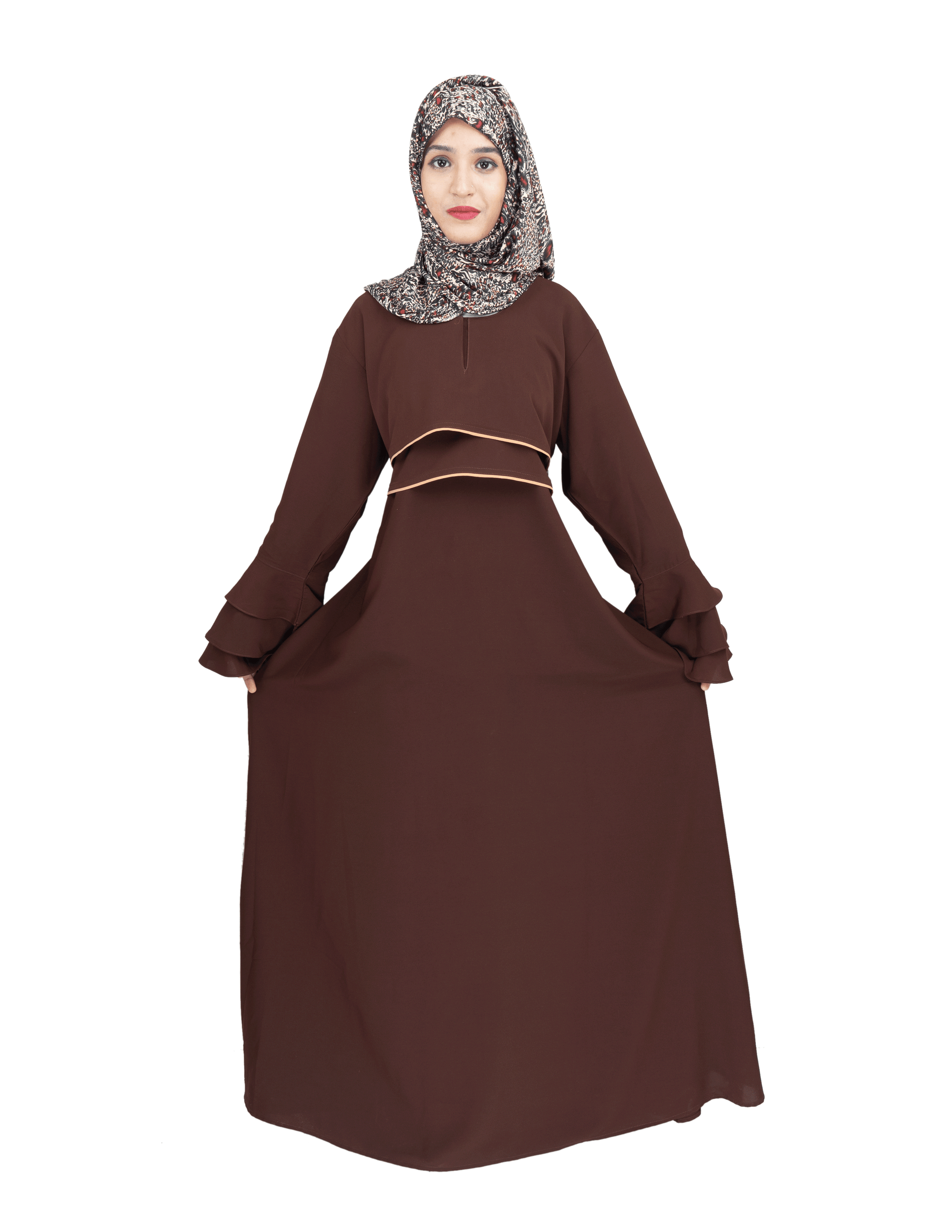 Beautiful Self Design Brown Frill Crepe Abaya Without Hijab_0533