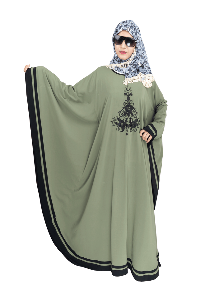 Products Beautiful Self Design Green Embroidery Kaftan Crepe Abaya Without Hijab
