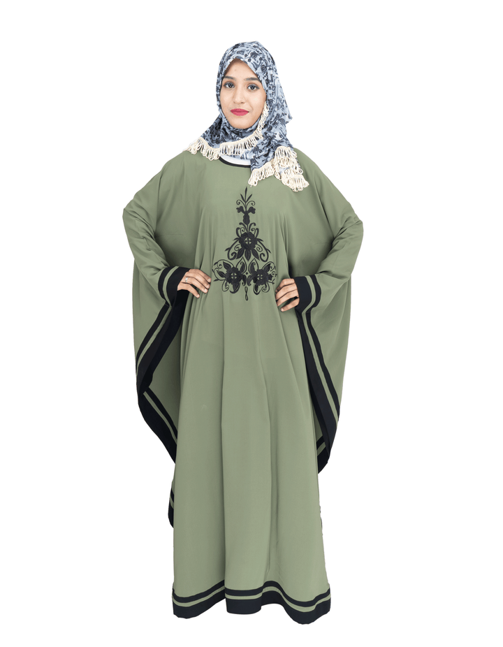 Products Beautiful Self Design Green Embroidery Kaftan Crepe Abaya Without Hijab