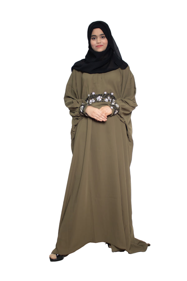 Modest City Self Design Mehandi Beighi Embroidery Crepe Abaya or Burqa With Hijab for Women & Girls-Series Laiba