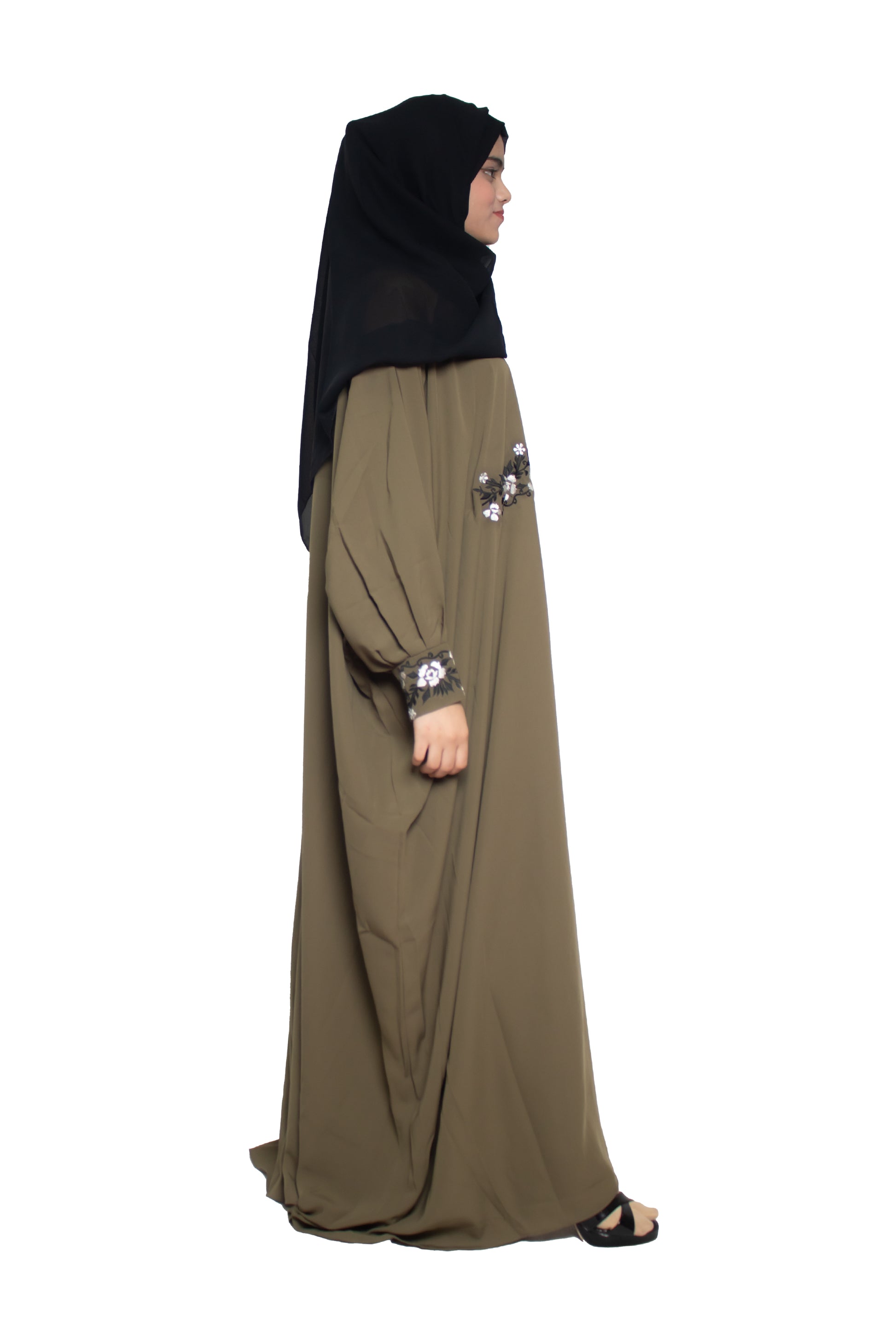 Modest City Self Design Mehandi Beighi Embroidery Crepe Abaya or Burqa With Hijab for Women & Girls-Series Laiba