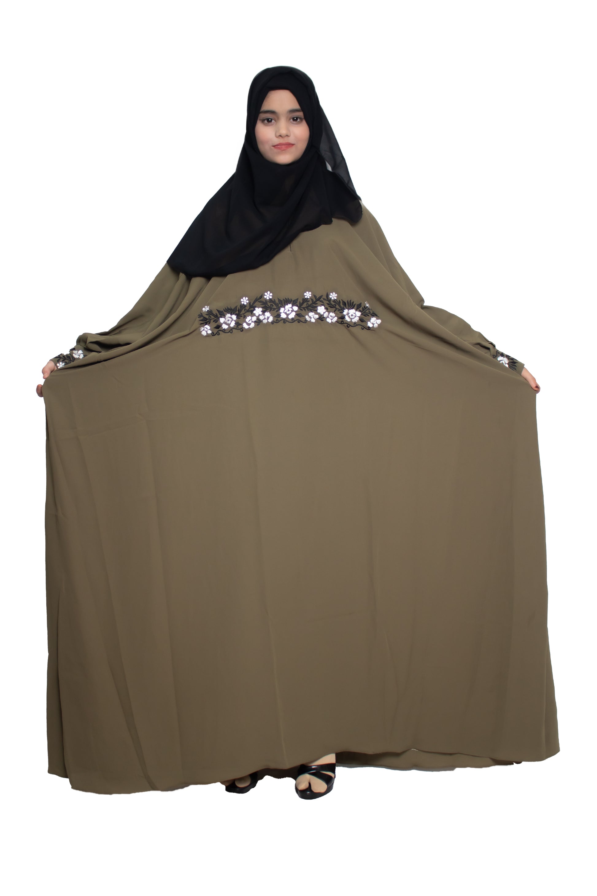 Modest City Self Design Mehandi Beighi Embroidery Crepe Abaya or Burqa With Hijab for Women & Girls-Series Laiba