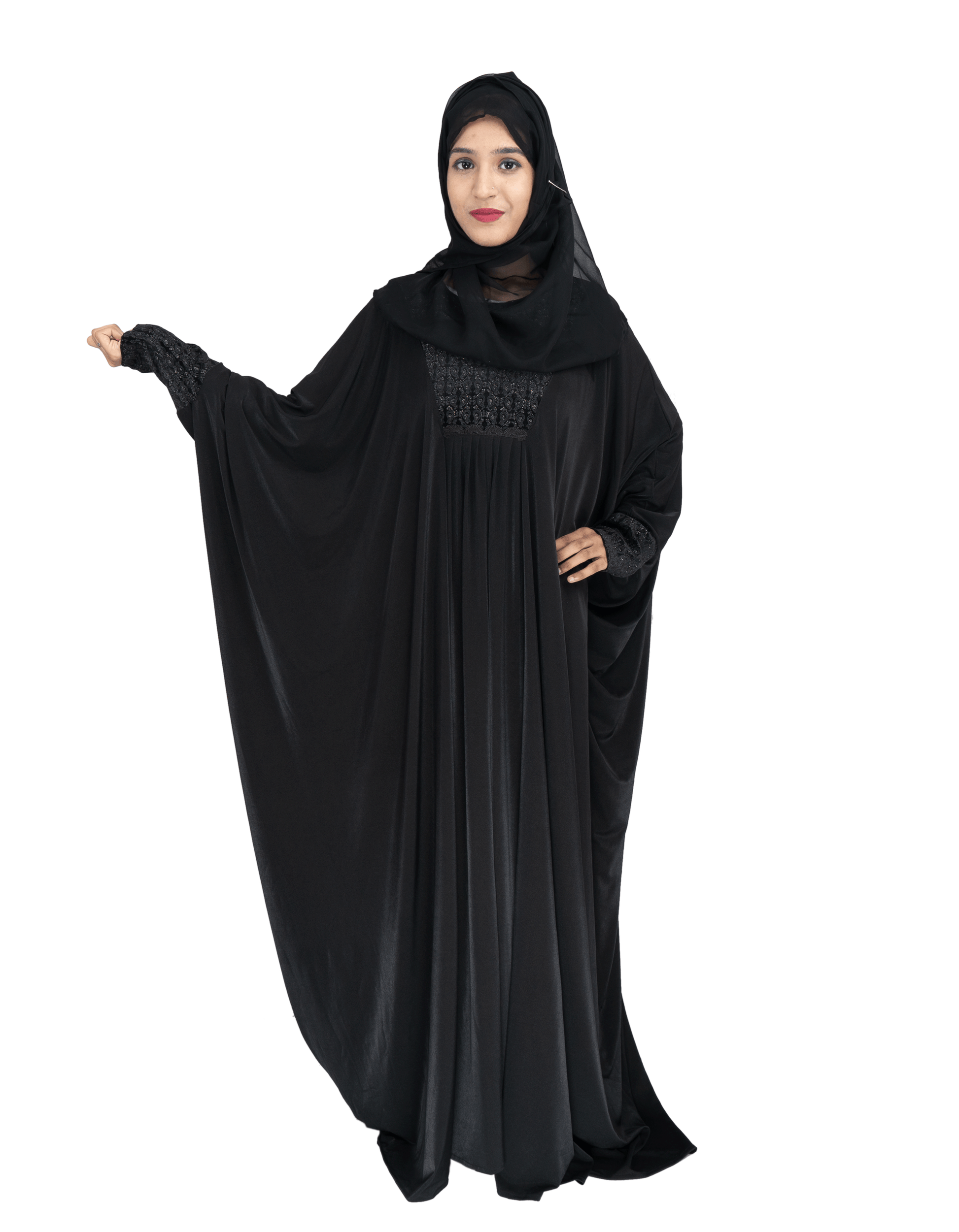 Beautiful Self Design Black Lycra Kaftan Abaya With Hijab_0541