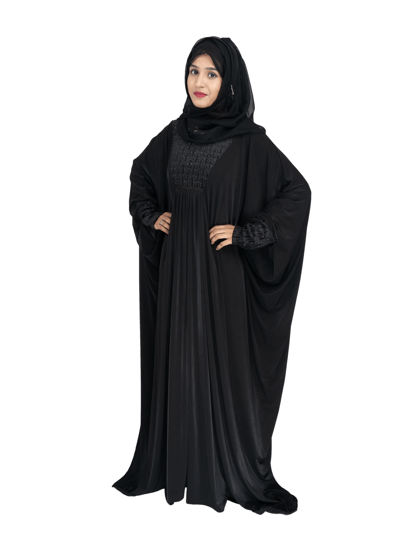 Products Beautiful Self Design Black Lycra Kaftan Abaya With Hijab